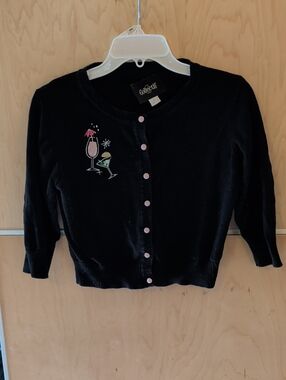 Collectif Black Cropped Cardigan with Pink Buttons and Cocktail Motif